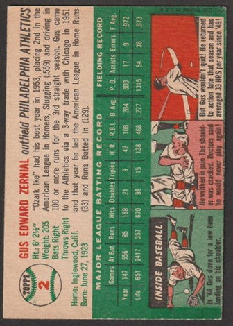 1954 Topps Baseball - #2 Gus Zernial - Philadelphia Athletics