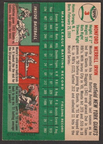 1954 Topps Baseball - #3 Monte Irvin - New York Giants