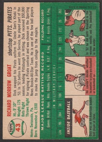 1954 Topps Baseball - #43 Dick Groat - Pittsburgh Pirates