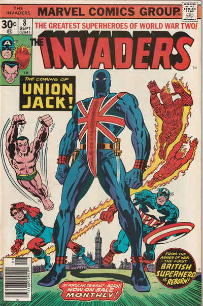 The Invaders #8 (1976) - 1st cover appearance of Union Jack.  Classic Jack Kirby cover.