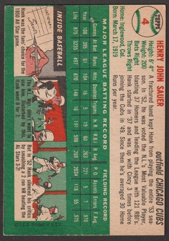 1954 Topps Baseball - #4 Hank Sauer - Chicago Cubs