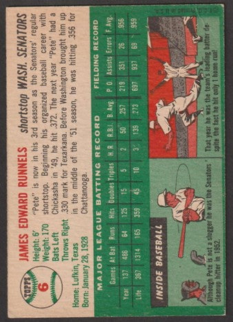 1954 Topps Baseball - #6 Pete Runnels - Washington Senators