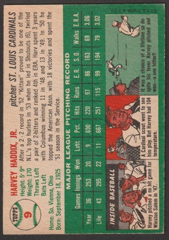 1954 Topps Baseball - #9 Harvey Haddix - St. Louis Cardinals