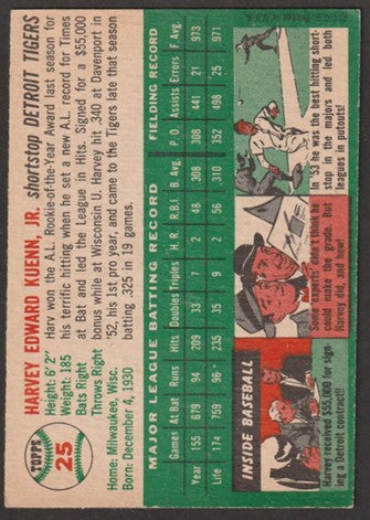 1954 Topps Baseball - #25 Harvey Kuenn RC - Detroit Tigers