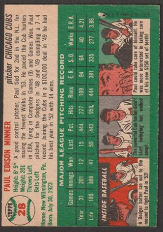 1954 Topps Baseball - #28 Paul Minner - Chicago Cubs