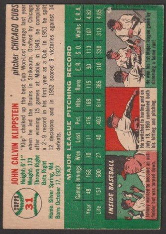 1954 Topps Baseball - #31 Johnny Klippstein - Chicago Cubs