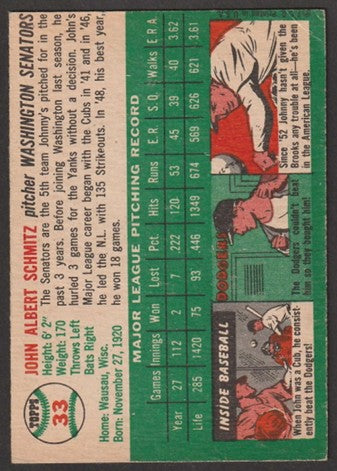 1954 Topps Baseball - #33 Johnny Schmitz - Washington Senators