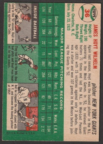 1954 Topps Baseball - #36 Hoyt Wilhelm - New York Giants