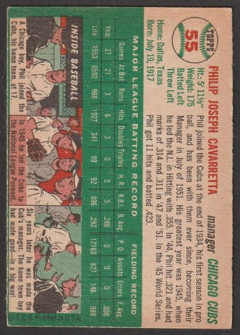 1954 Topps Baseball - #55 Phil Cavarretta (MGR) - Chicago Cubs